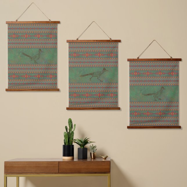 Tapiz Con Marco De Madera Surwest Roadrunner Sagebrush Green Geometric Set (Asimétrico)