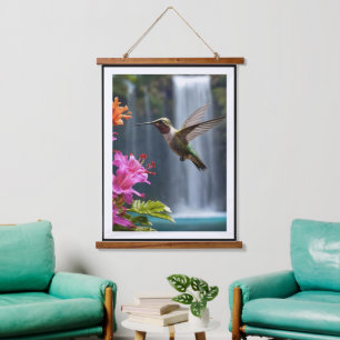 Tapiz Con Marco De Madera "Susurros de la naturaleza: Hummingbird, cascada