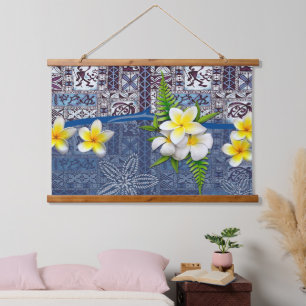 Tapiz Con Marco De Madera Tapa azul hawaiano y Plumeria