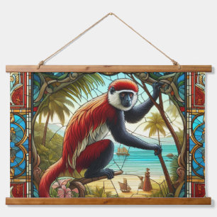 TAPIZ CON MARCO DE MADERA TAPESTRÍA DE MONKEY COLOBUS ROJO