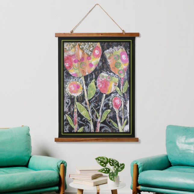 Tapiz Con Marco De Madera Tapestry - Mixed Media Flowers (Sala de estar)