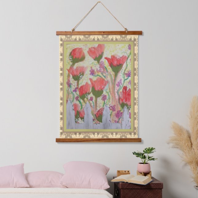 Tapiz Con Marco De Madera Tapestry - Red Flowers White Fence 2 (Dormitorio)