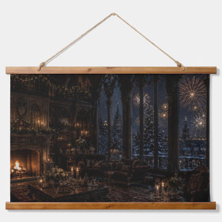 Tapiz Con Marco De Madera Tapiz de chimenea de biblioteca gótica de Navidad