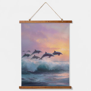 Tapiz Con Marco De Madera Tapiz de delfines surfistas en la ola del océano a