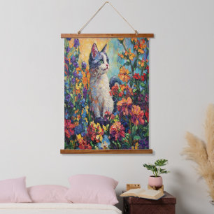 Tapiz Con Marco De Madera Tapiz de jardín de gatito lindo – Floral y maripos