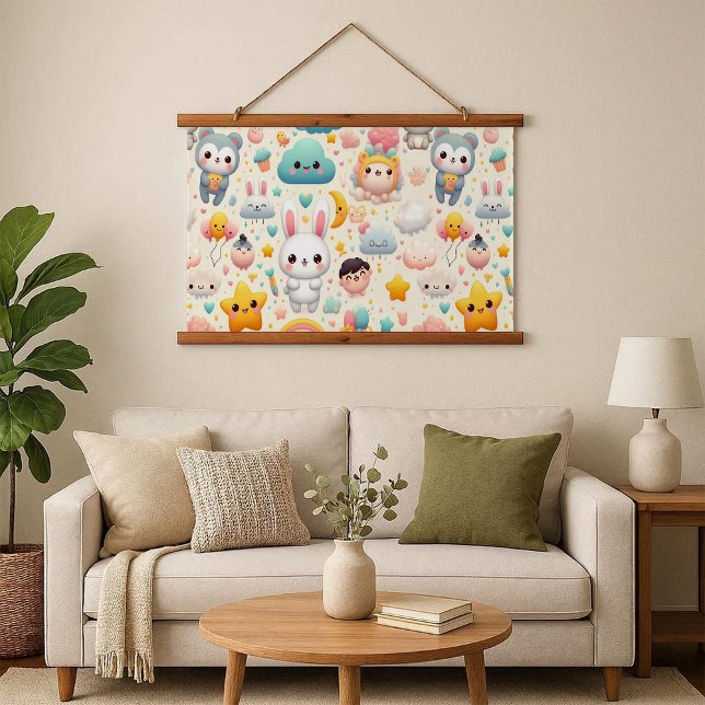 Tapiz Con Marco De Madera Tapiz de Marco de Madera Caprichoso Pastel de Cone (Kawaii Bunny Pastel Whimsical Wood Frame Tapestry)