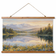 Tapiz de paisaje pastel sereno – Montañas, lago