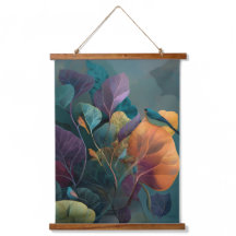 Tapiz de pájaros botánicos en decoración morada y 