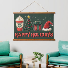 Tapiz Con Marco De Madera Tapiz de vacaciones felices - Arte mural de Navida