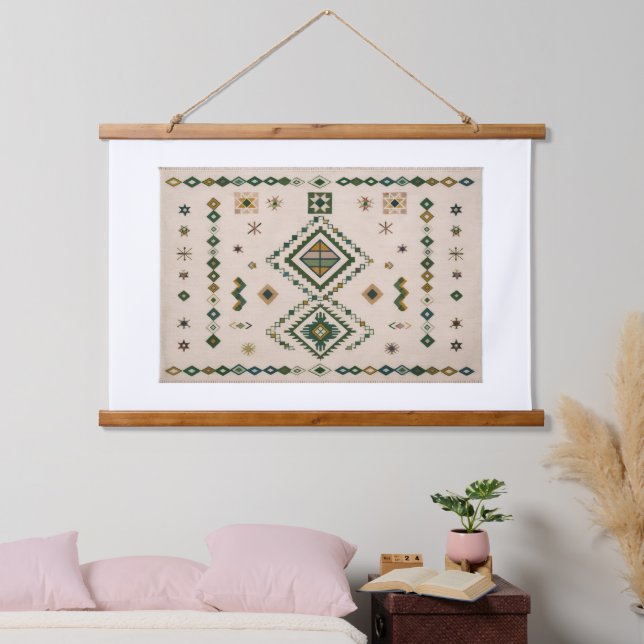 Tapiz Con Marco De Madera Tapiz Geométrico de Lino Verde (Dormitorio)