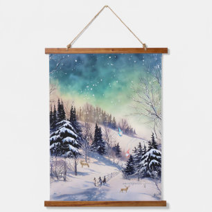 Tapiz Con Marco De Madera Tapiz mural escénico de invierno Gnomos esquiadore