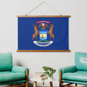 Tapiz Con Marco De Madera Tapiz Patriótico Michigan, bandera de Michigan