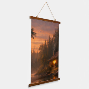Tapiz Con Marco De Madera Tapiz vertical de pared de cabaña cálida al atarde
