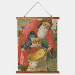 Tapiz Con Marco De Madera Tarjeta de Navidad antigua, Papá Noel, Niño travie