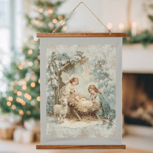 Tapiz Con Marco De Madera tarjeta de Navidad con el niño Jesús en un pesebre