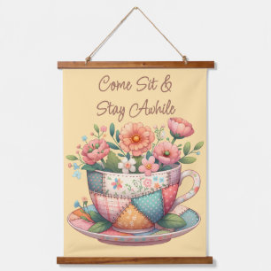 Tapiz Con Marco De Madera Taza de té de patchwork con flores caprichosas