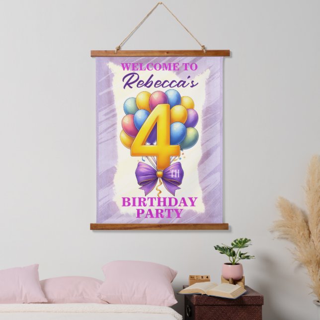 Tapiz Con Marco De Madera Tema de globos para cumpleaños número 4 (Dormitorio)