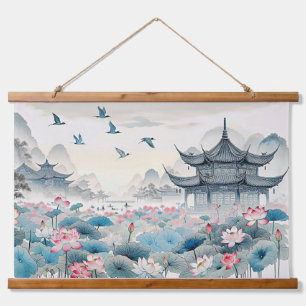 Tapiz Con Marco De Madera Templos orientales y flores de Lotus