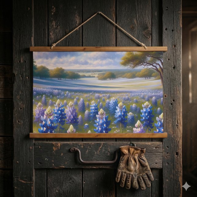 Tapiz Con Marco De Madera Texas Bluebonnet Meadow Landscape (Texas Bluebonnet Meadow Landscape Hanging Tapestry On Dark Wood)