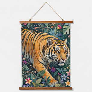 Tapiz Con Marco De Madera Tigre con ojos ámbar, follaje de jungla de fantasí