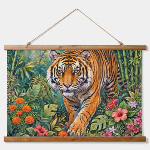 Tapiz Con Marco De Madera Tigre de Bengala Jungla de Bambú Vibrante