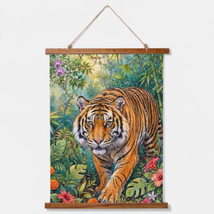 Tapiz Con Marco De Madera Tigre de Bengala Jungla de Bambú Vibrante