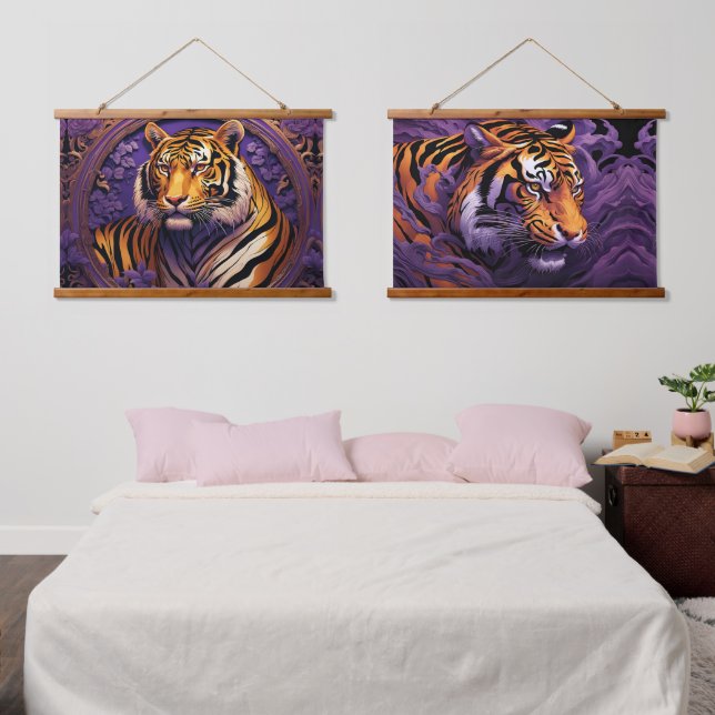 Tapiz Con Marco De Madera Tigre en morado (Dormitorio)