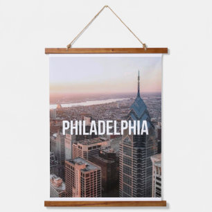 Tapiz Con Marco De Madera Tipografía Vista Aérea del Horizonte de Filadelfia