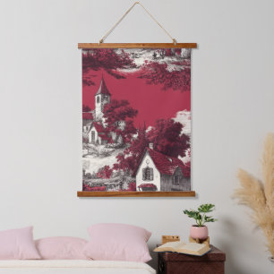 Tapiz Con Marco De Madera Toile Rojo Clásico con Escenas Pastorales Francesa