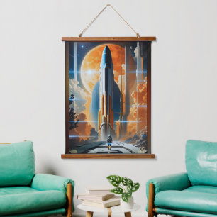 Tapiz Con Marco De Madera Toma el lanzamiento lunar - Póster retro del viaje