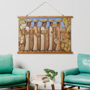 Tapiz Con Marco De Madera Tonos terrosos Art Deco Mujeres Indígenas Mexicana