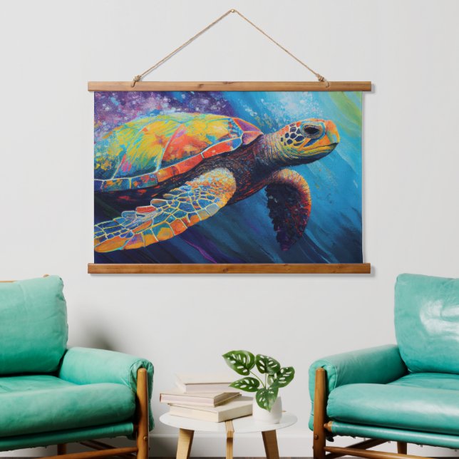 Tapiz Con Marco De Madera Tortuga marina acuarela (Sala de estar)