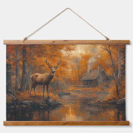 Tapiz Con Marco De Madera Tranquilo arte en el muro de ciervos de otoño