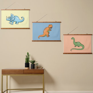 Tapiz Con Marco De Madera Tres Ilustraciones de Dinosaurios Adorables Colori