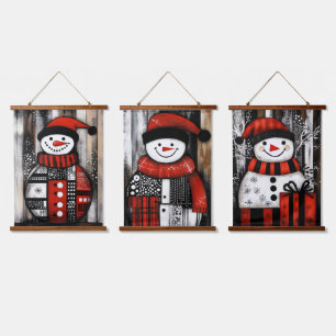 Tapiz Con Marco De Madera Trio arte de Hombre de Nieve en negro, rojo y blan