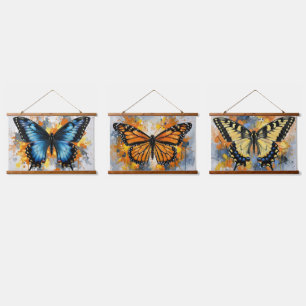 Tapiz Con Marco De Madera Trío de Arte de Pared de Mariposa Vibrante Colgant