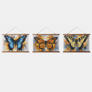 Tapiz Con Marco De Madera Trío de Arte de Pared de Mariposa Vibrante Colgant