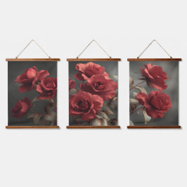 Tapiz Con Marco De Madera Tríptico de Rosas Carmesí Vintage - Botánica Malhu