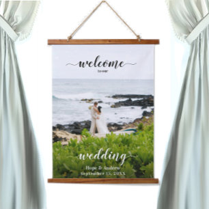 Tapiz Con Marco De Madera Tu cartel de asiento de boda con foto y bienvenida