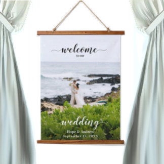 Tapiz Con Marco De Madera Tu cartel de asiento de boda con foto y bienvenida