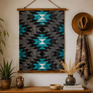 Tapiz Con Marco De Madera Turquoise Black Gray Southwestern Geometric Aztec