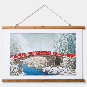 Tapiz Con Marco De Madera ukiyoe - hasui - m12 - Nieve en el puente Shinkyo,
