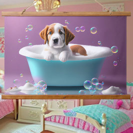 Tapiz Con Marco De Madera Un cachorro lindo en una bañera con jabón