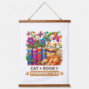 Tapiz Con Marco De Madera Un Gato Singular Con Libros Y Mariposas