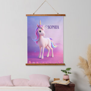 Tapiz Con Marco De Madera Unicornio blanco lindo con forma rosa y azul