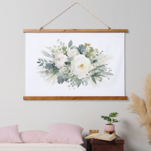 Tapiz Con Marco De Madera Vegetación floral blanca acuarela botánica