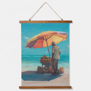 Tapiz Con Marco De Madera Vendedor de playa tropical bajo sombrilla de arcoí