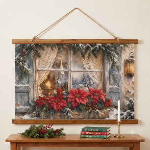 Tapiz Con Marco De Madera Ventana de Navidad con Poinsettia Nevada