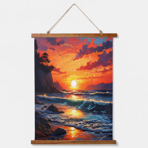 Tapiz Con Marco De Madera Vibrante atardecer oceánico - Arte costero