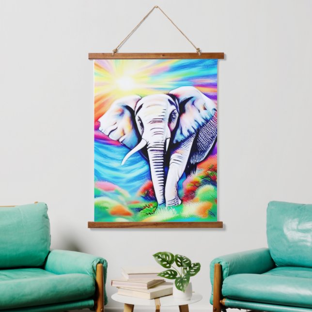 Tapiz Con Marco De Madera Vibrante Elefante del Arcoiris (Sala de estar)